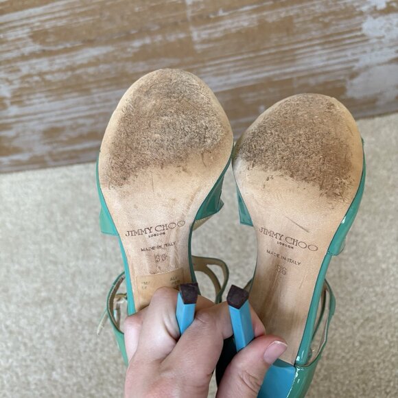 Jimmy Choo Lang Patent Leather Heeled Sandals Blue Preppy Classic - Picture 6 of 11